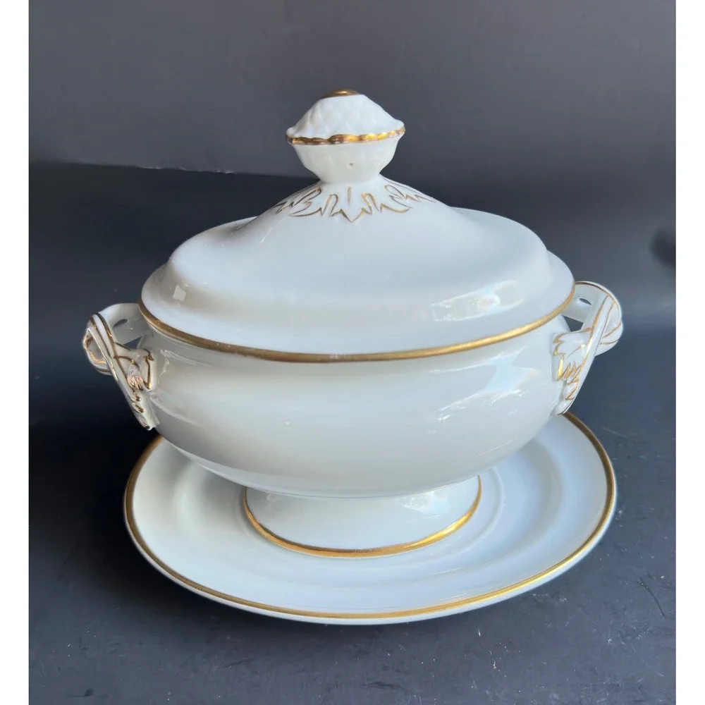 Vintage Porcelain Sauce Tureen Lid Underplate White Gold Trim 3pc Cottagecore